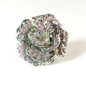 Enamel Light Pink Flower Rose Statement Silver Tone Expandable Ring